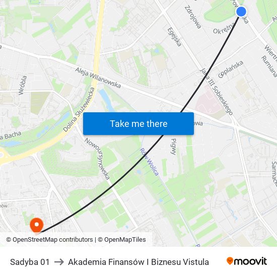 Sadyba 01 to Akademia Finansów I Biznesu Vistula map