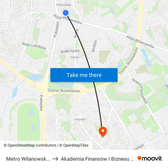 Metro Wilanowska 10 to Akademia Finansów I Biznesu Vistula map