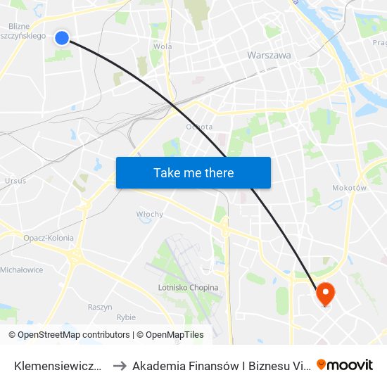 Klemensiewicza 01 to Akademia Finansów I Biznesu Vistula map