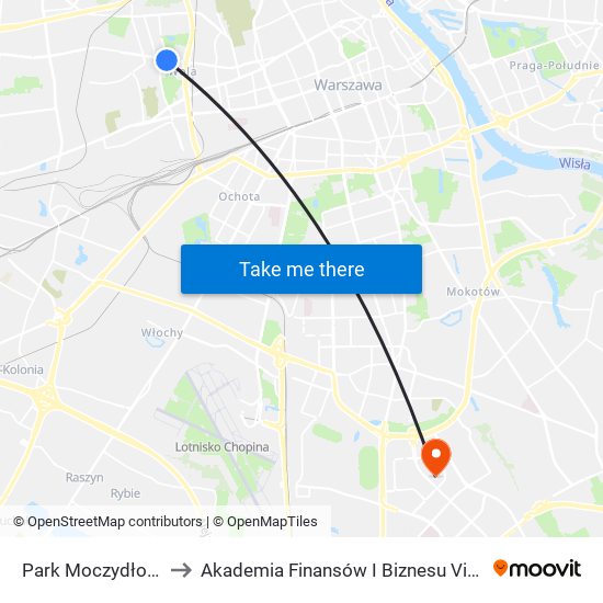 Park Moczydło 01 to Akademia Finansów I Biznesu Vistula map