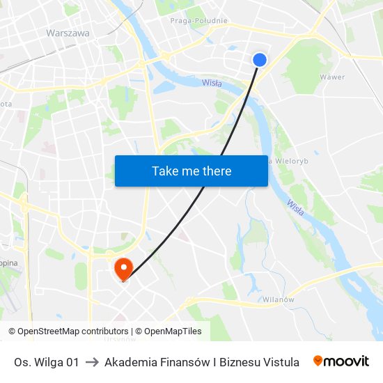 Os. Wilga 01 to Akademia Finansów I Biznesu Vistula map