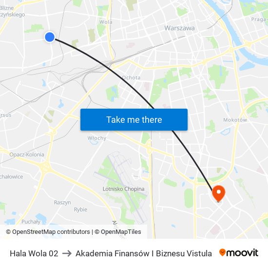 Hala Wola 02 to Akademia Finansów I Biznesu Vistula map