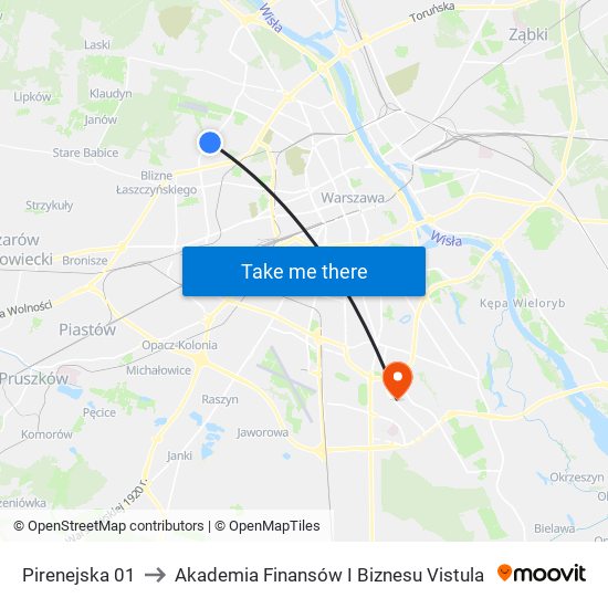 Pirenejska 01 to Akademia Finansów I Biznesu Vistula map