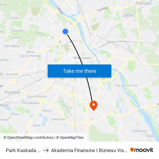 Park Kaskada 05 to Akademia Finansów I Biznesu Vistula map