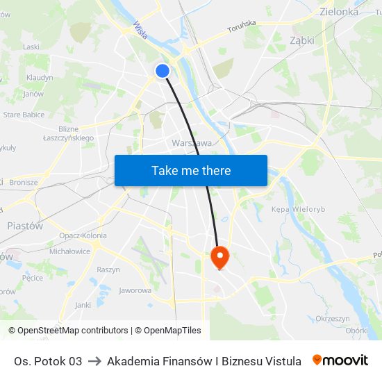 Os. Potok 03 to Akademia Finansów I Biznesu Vistula map