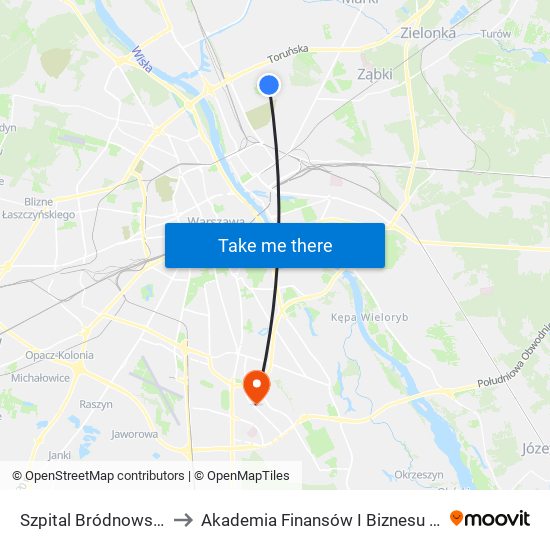 Szpital Bródnowski 02 to Akademia Finansów I Biznesu Vistula map