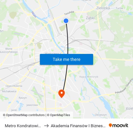 Metro Kondratowicza 01 to Akademia Finansów I Biznesu Vistula map