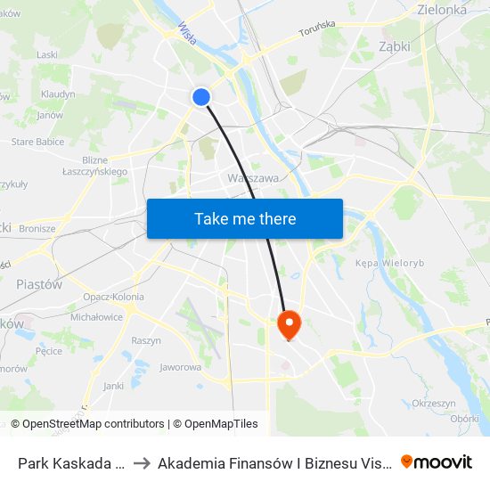 Park Kaskada 06 to Akademia Finansów I Biznesu Vistula map