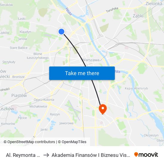 Al. Reymonta 01 to Akademia Finansów I Biznesu Vistula map