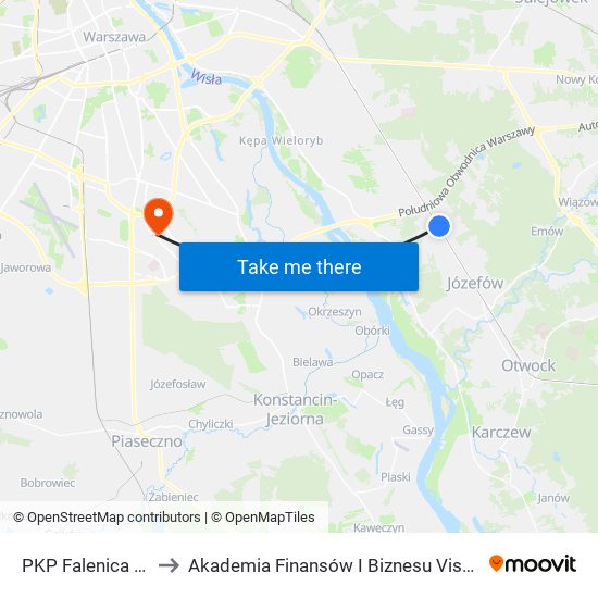 PKP Falenica 03 to Akademia Finansów I Biznesu Vistula map