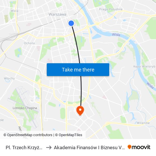 Pl. Trzech Krzyży 01 to Akademia Finansów I Biznesu Vistula map