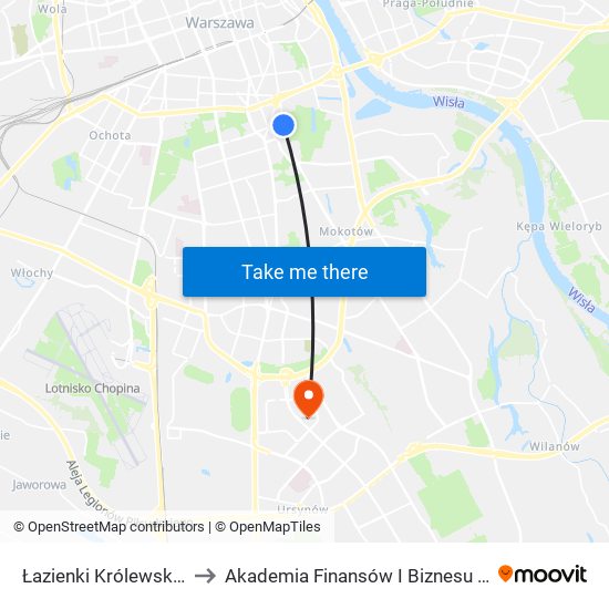 Łazienki Królewskie 01 to Akademia Finansów I Biznesu Vistula map