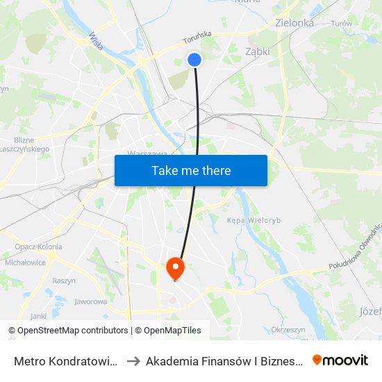 Metro Kondratowicza 04 to Akademia Finansów I Biznesu Vistula map