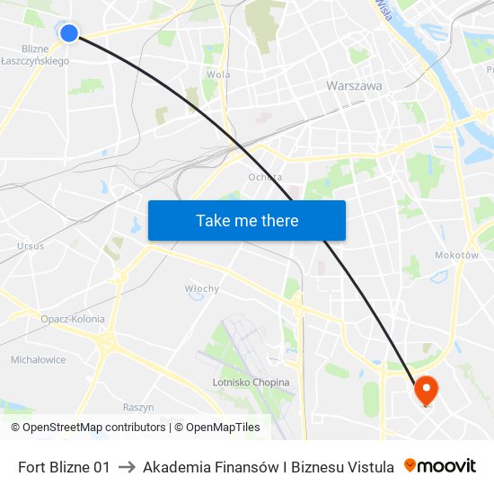 Fort Blizne 01 to Akademia Finansów I Biznesu Vistula map