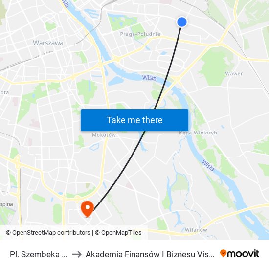 Pl. Szembeka to Akademia Finansów I Biznesu Vistula map