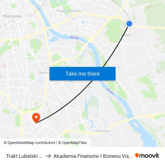 Trakt Lubelski to Akademia Finansów I Biznesu Vistula map