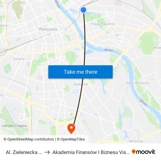 Al. Zieleniecka 04 to Akademia Finansów I Biznesu Vistula map