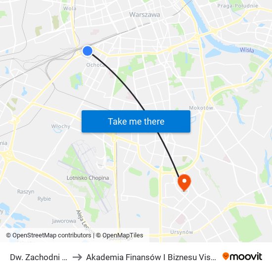 Dw. Zachodni 01 to Akademia Finansów I Biznesu Vistula map