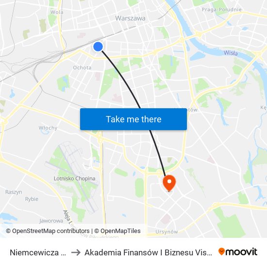 Niemcewicza 01 to Akademia Finansów I Biznesu Vistula map