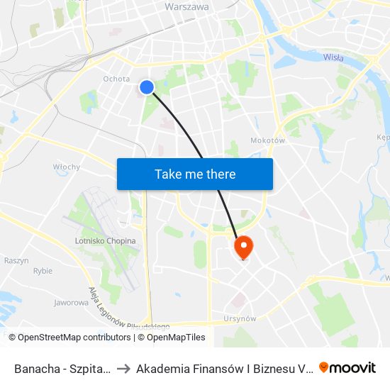Banacha - Szpital 01 to Akademia Finansów I Biznesu Vistula map