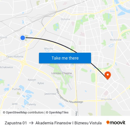 Zapustna 01 to Akademia Finansów I Biznesu Vistula map