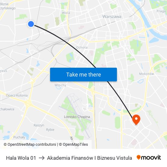 Hala Wola to Akademia Finansów I Biznesu Vistula map