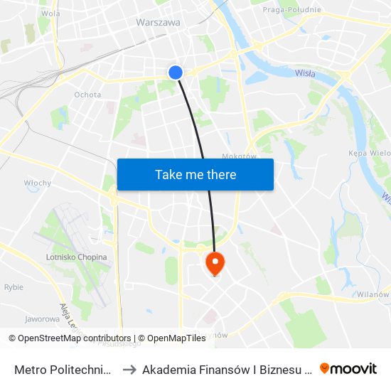 Metro Politechnika 05 to Akademia Finansów I Biznesu Vistula map