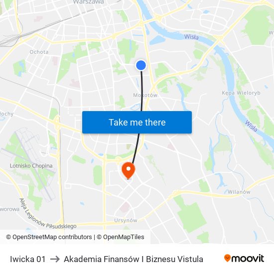 Iwicka 01 to Akademia Finansów I Biznesu Vistula map