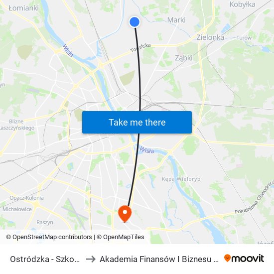 Ostródzka - Szkoła 01 to Akademia Finansów I Biznesu Vistula map