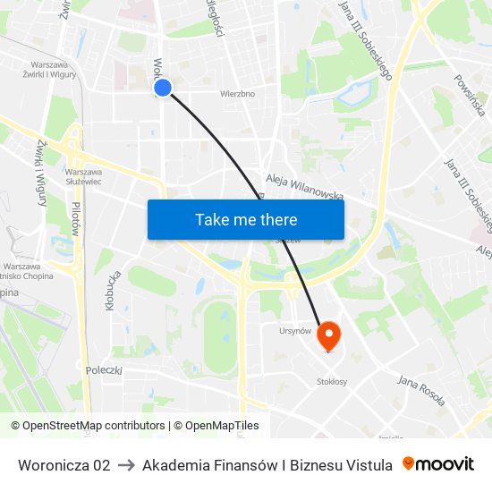 Woronicza to Akademia Finansów I Biznesu Vistula map