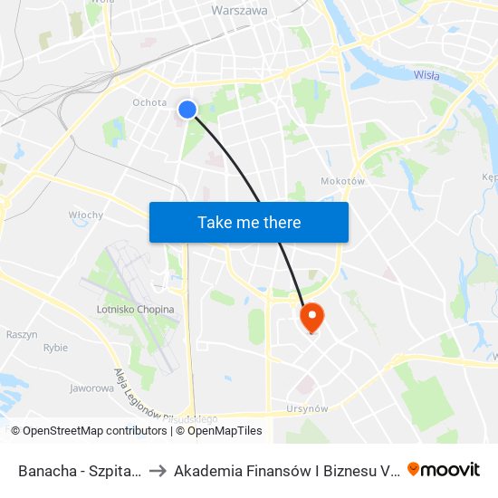 Banacha - Szpital 04 to Akademia Finansów I Biznesu Vistula map