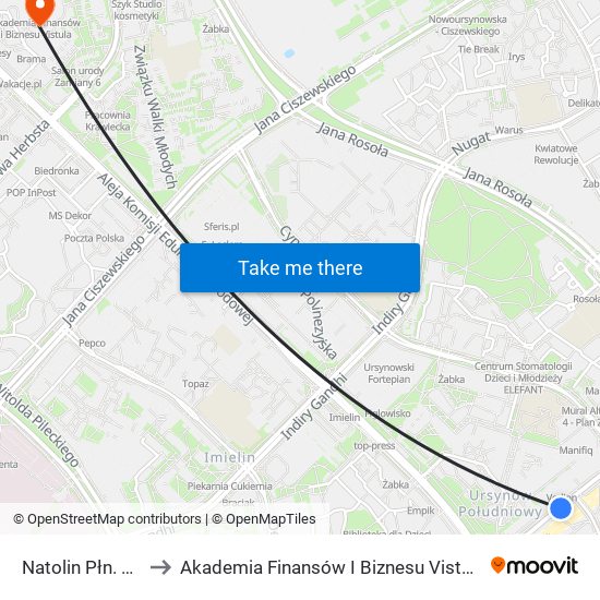 Natolin Płn. 01 to Akademia Finansów I Biznesu Vistula map