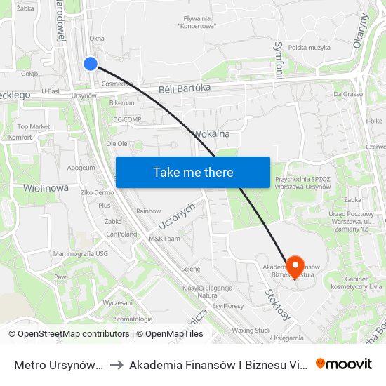 Metro Ursynów 02 to Akademia Finansów I Biznesu Vistula map