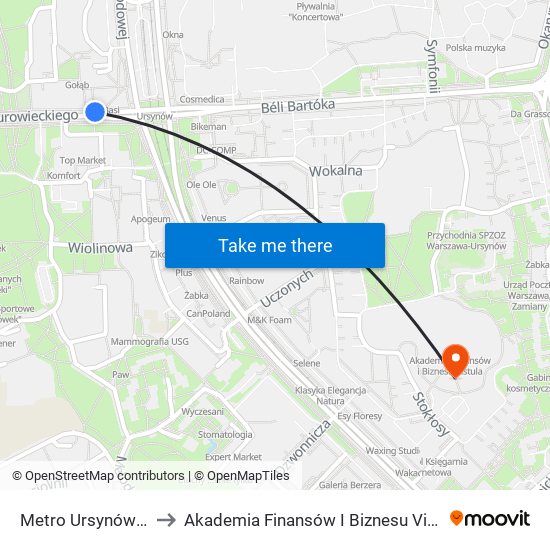 Metro Ursynów 03 to Akademia Finansów I Biznesu Vistula map