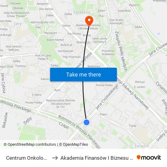 Centrum Onkologii to Akademia Finansów I Biznesu Vistula map