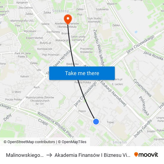 Malinowskiego 01 to Akademia Finansów I Biznesu Vistula map