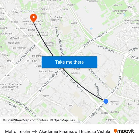 Metro Imielin 01 to Akademia Finansów I Biznesu Vistula map