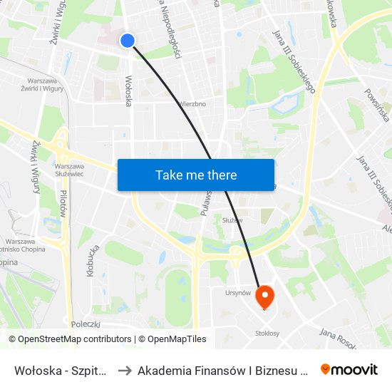 Wołoska - Szpital 01 to Akademia Finansów I Biznesu Vistula map