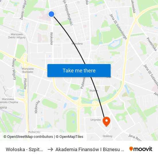 Wołoska - Szpital 02 to Akademia Finansów I Biznesu Vistula map