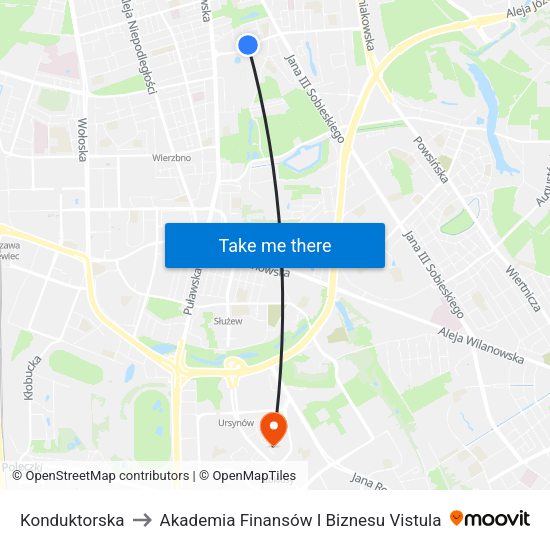 Konduktorska 02 to Akademia Finansów I Biznesu Vistula map