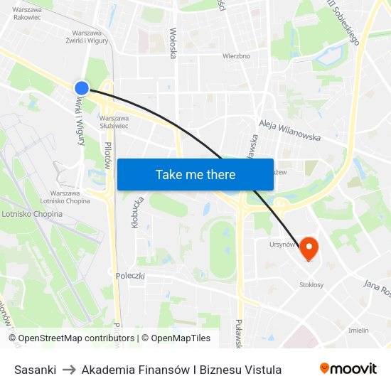 Sasanki to Akademia Finansów I Biznesu Vistula map