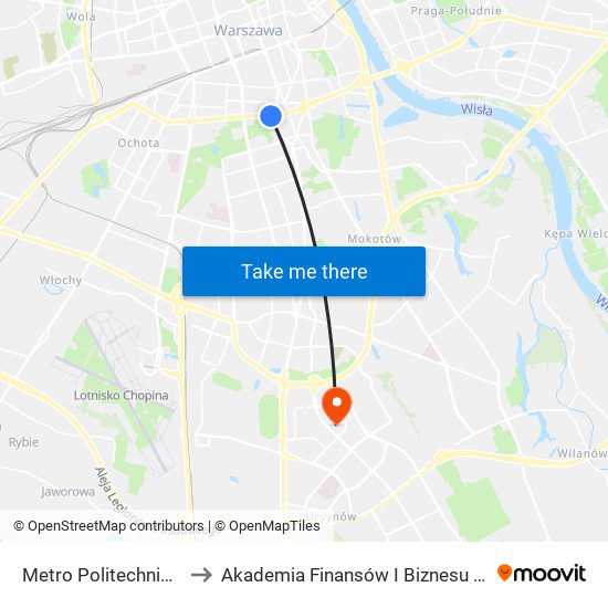 Metro Politechnika 02 to Akademia Finansów I Biznesu Vistula map