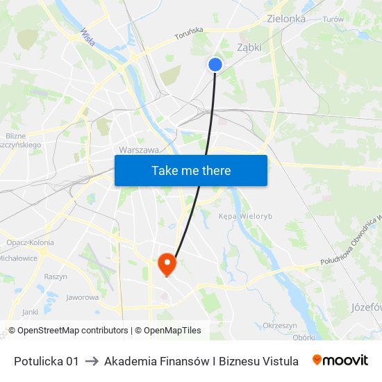 Potulicka 01 to Akademia Finansów I Biznesu Vistula map