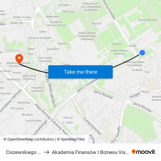 Ciszewskiego 02 to Akademia Finansów I Biznesu Vistula map