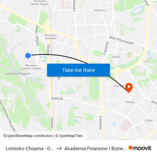 Lotnisko Chopina - Odloty 01 to Akademia Finansów I Biznesu Vistula map