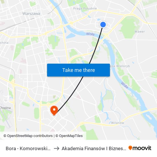 Bora - Komorowskiego 04 to Akademia Finansów I Biznesu Vistula map