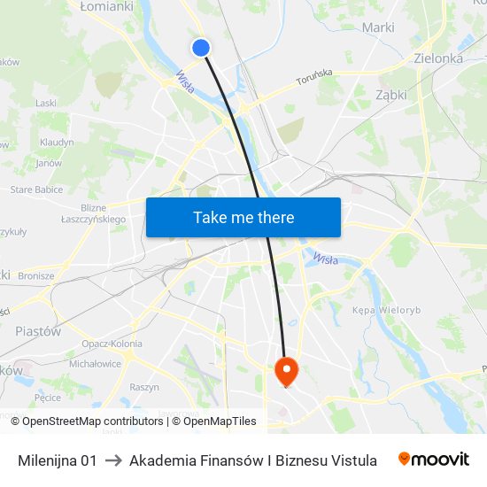 Milenijna 01 to Akademia Finansów I Biznesu Vistula map