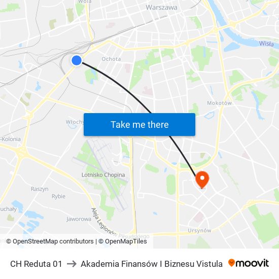 CH Reduta 01 to Akademia Finansów I Biznesu Vistula map