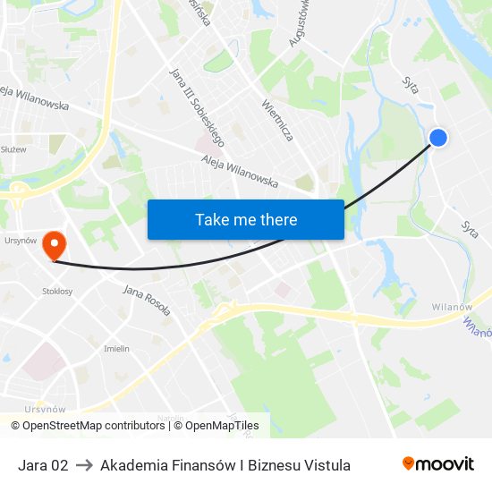 Jara 02 to Akademia Finansów I Biznesu Vistula map