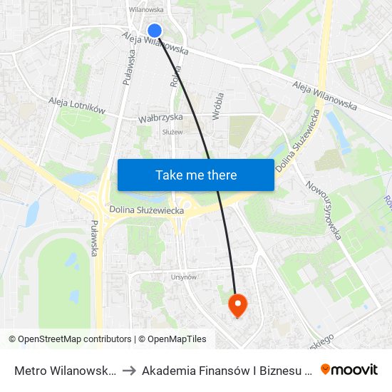 Metro Wilanowska 15 to Akademia Finansów I Biznesu Vistula map